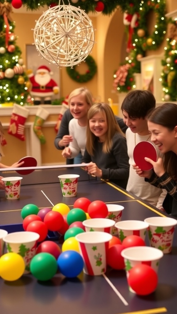 Christmas Ping Pong Ball Games Christmas-themed ping pong ball games with colorful decorations and players having fun.